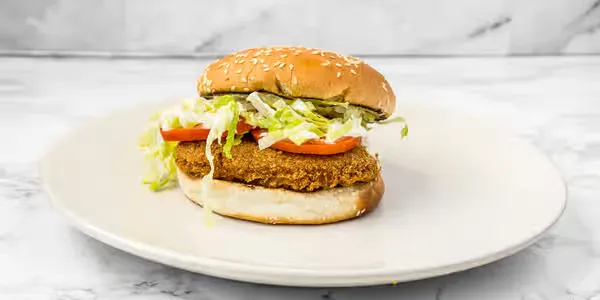 Crispy chicken burger with lettuce and tomato at Yallah Eat on Pembina Hwy, Winnipeg